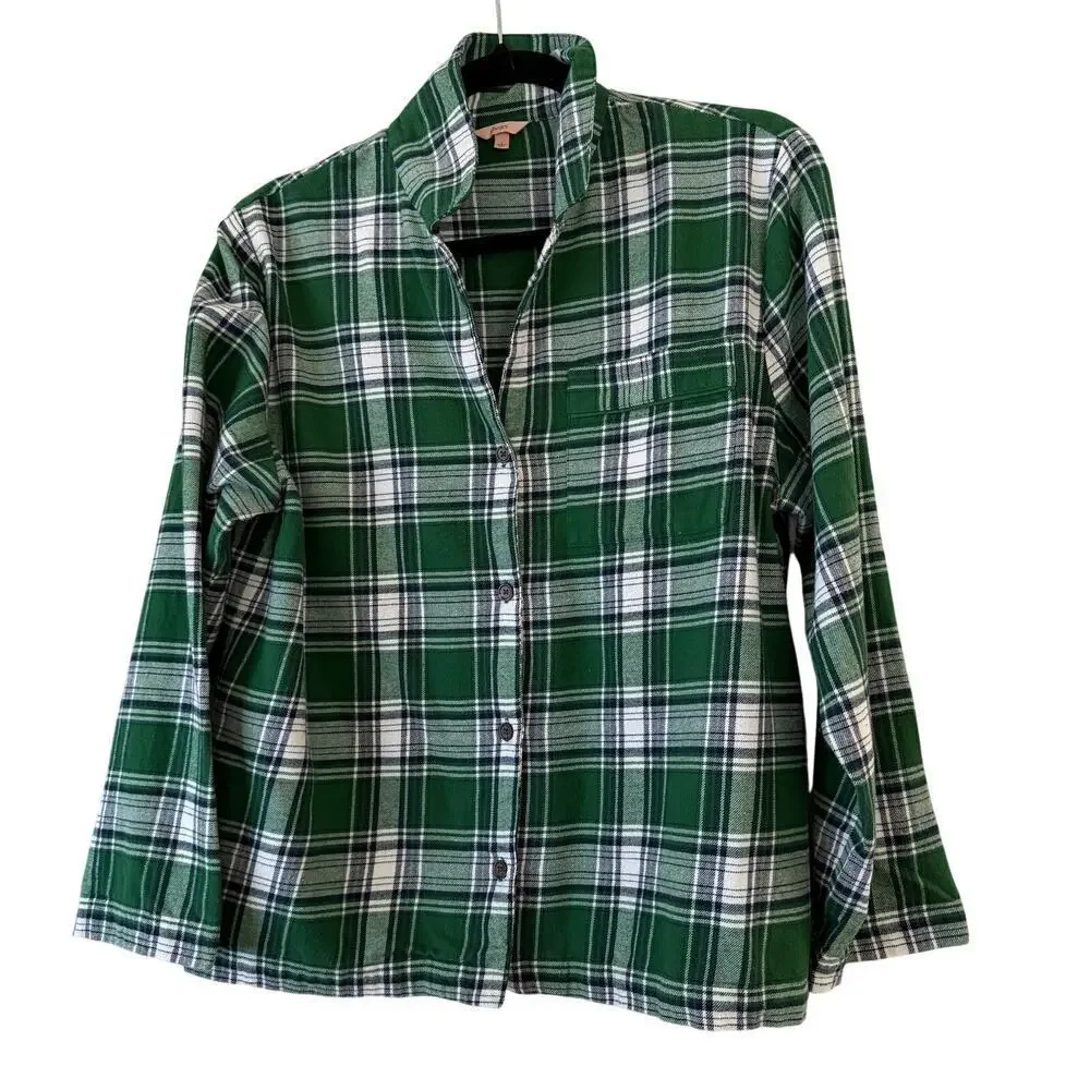 Eberjey Flannel Long Pajama Set Green Plaid Button Down Size Small